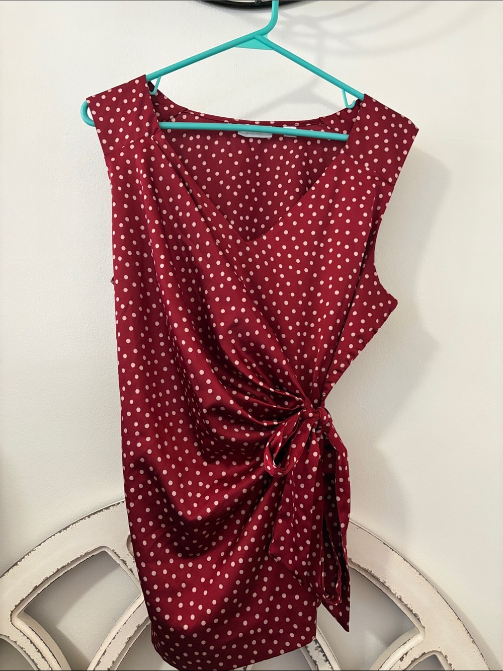 New York & Company Burgundy and White Polka Dot Wrap-Style Mini Dress